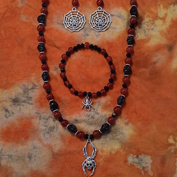 Handmade Spider Skull Carnelian Jewelry Set - Picture 2 of 8